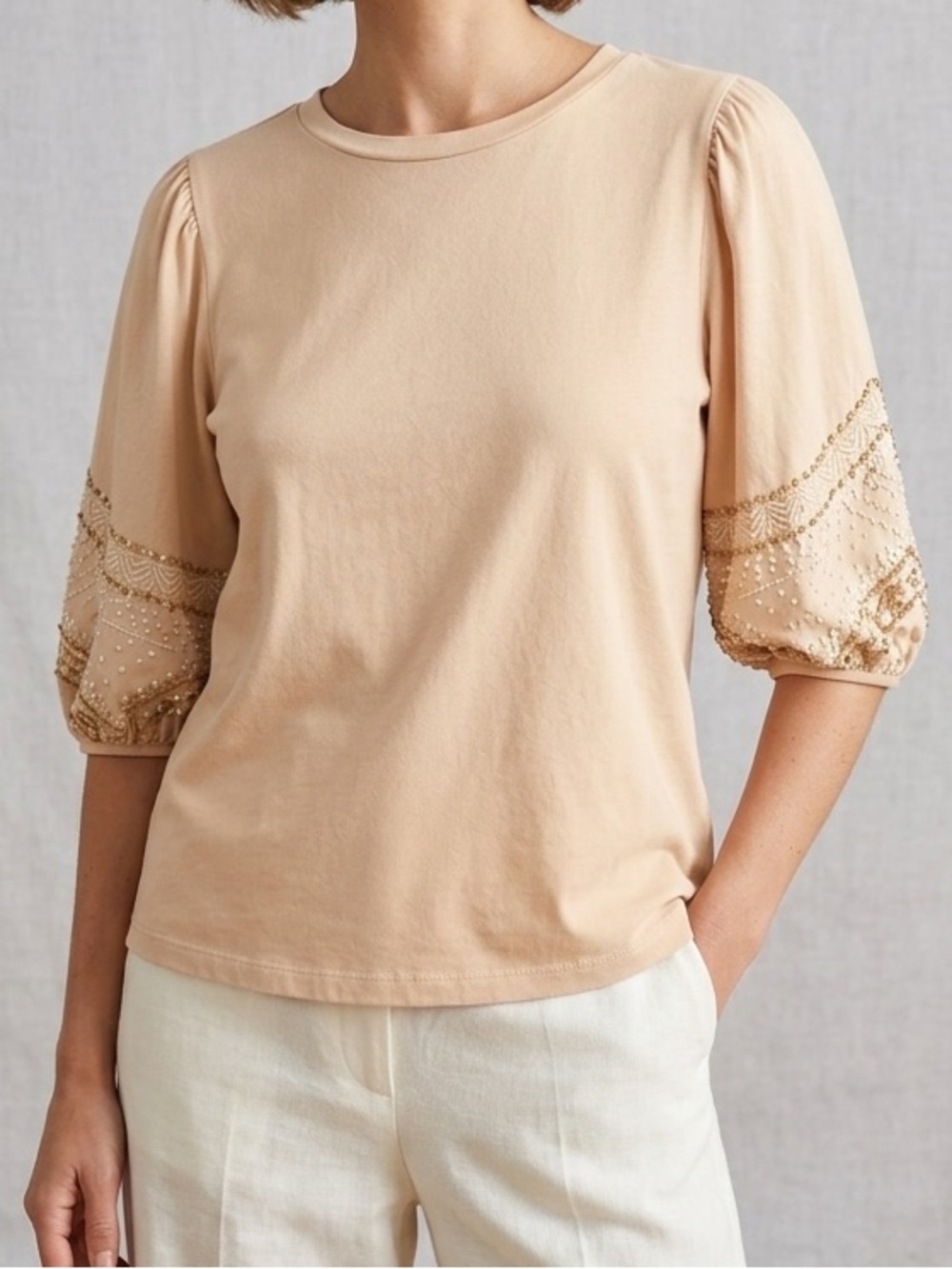 Ann Taylor Puff-Sleeve Tee with Embroidered Accents